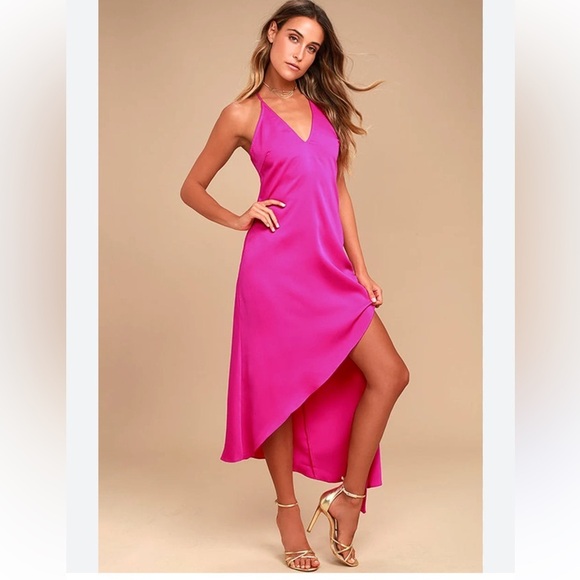 Adelyn Rae Oliana Magenta Midi Slip Dress V-Neck High-Low Wedding Guest Medium - Picture 1 of 12